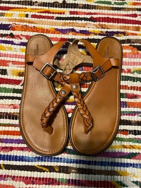 American Eagle Outfitters Cognac Braided Leather T-Strap Sandals